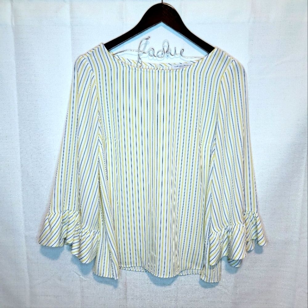 Carolina Belle Blue and Yellow Pinstripe Ruffle Bell Sleeve Top Size Medium